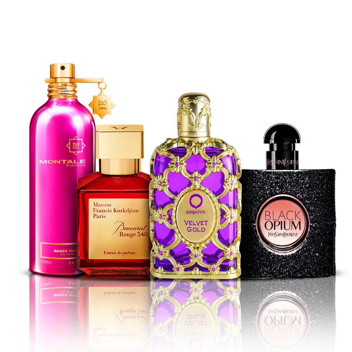 Set di 4 Profumi | Orientica Velvet Gold + Baccarat Rouge + Black Opium + Montale Roses Musk (100 ml)