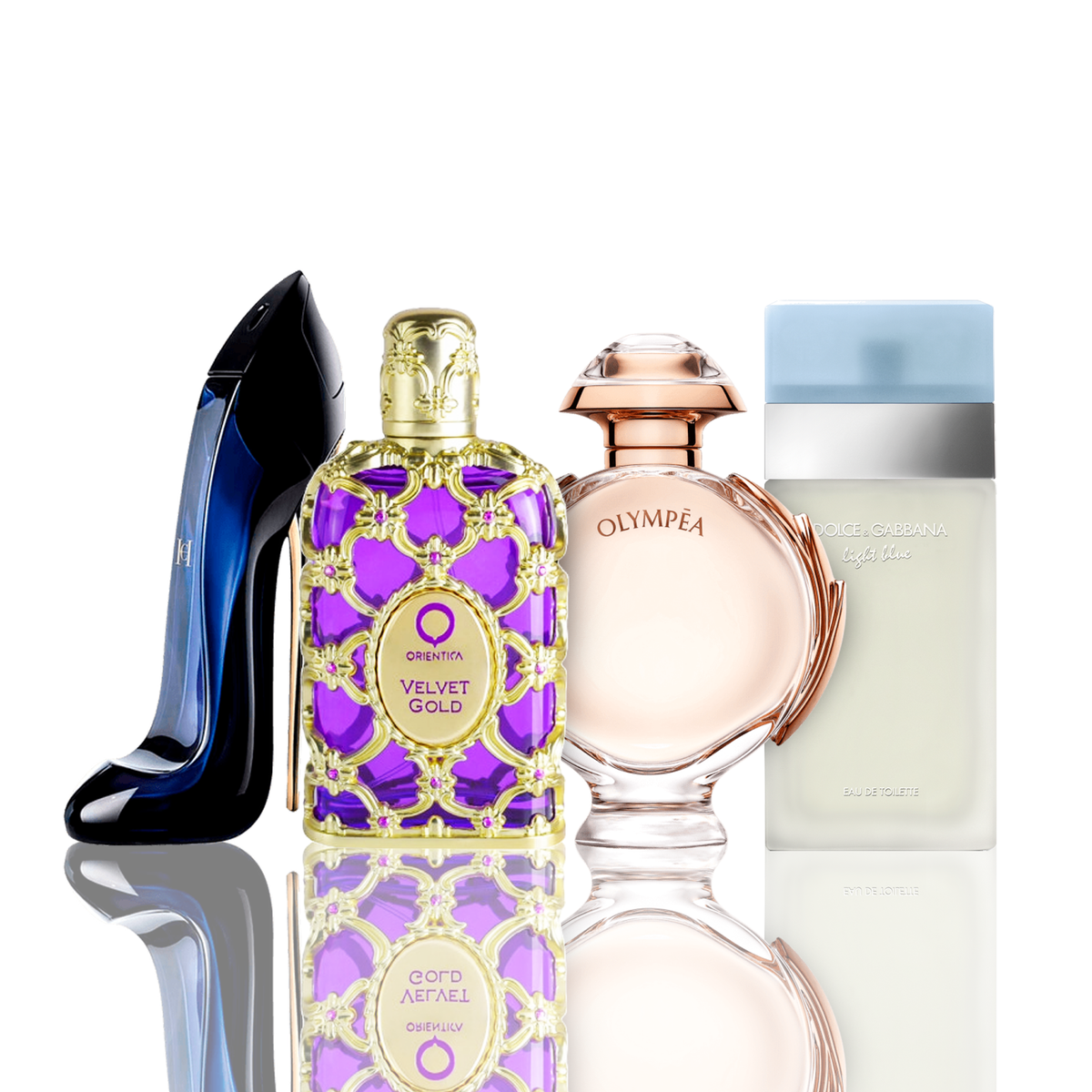 Lote de 4 perfumes | Light Blue + Orientica Velvet Gold + Good Girl + Olympea 100 ml 